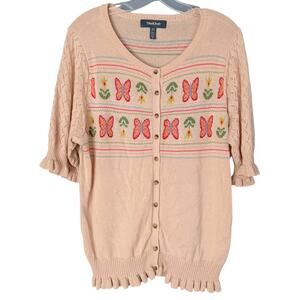 ModCloth Butterfly Knit Cardigan Sweater 1X Cottagecore Ruffle Hem Button Front